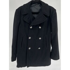 Vintage US Military Navy Pea Coat 38 Black Pewter Eagle Anchor Button 100% Wool